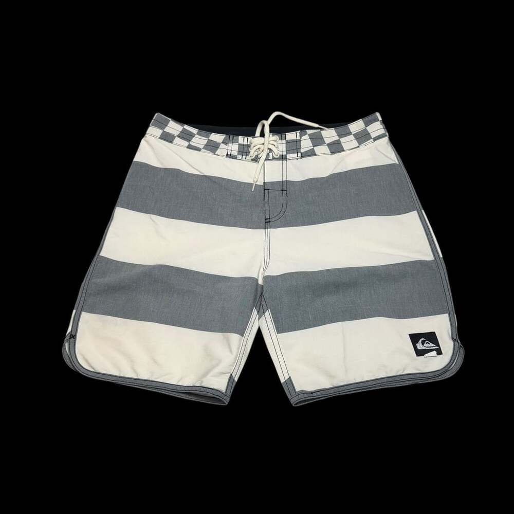 Quiksilver Mens Gray White Striped Checkered Board Shorts Swim Trunks Size 30